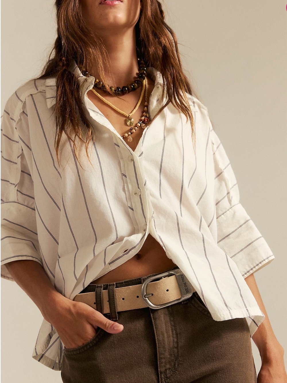 Free People Seaside Cotton Striped Button Front Shirt In Ivory Combo Size Medium